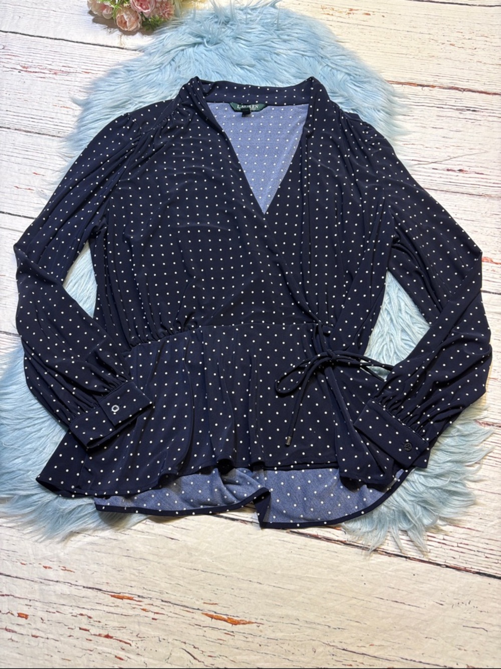 Lauren Ralph Lauren Navy Polka Dot Wrap Peplum Top sz XL